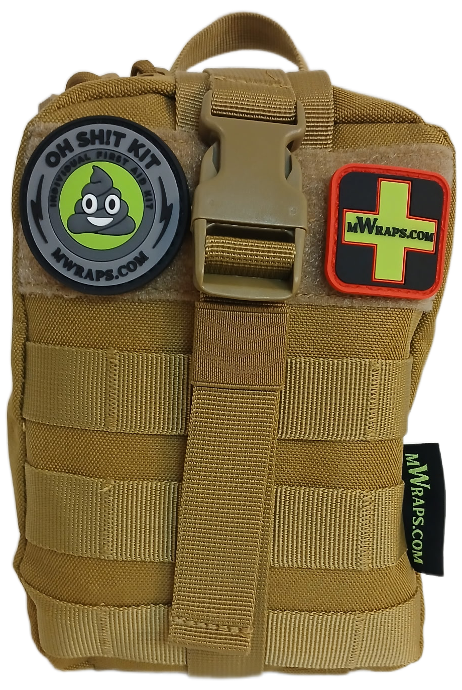 Tan tactical pouch with patches and branding on a white background