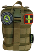 Olive green tactical pouch with patches and branding on a white background