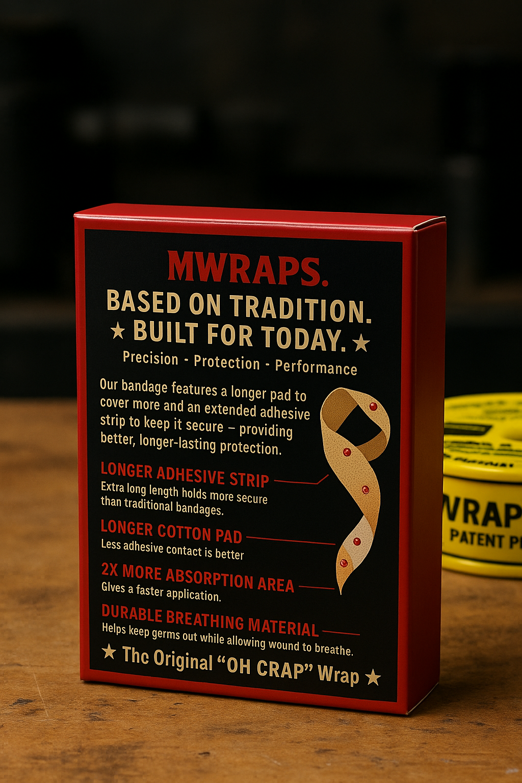 MWraps packaging with text and bandage illustration on a dark background