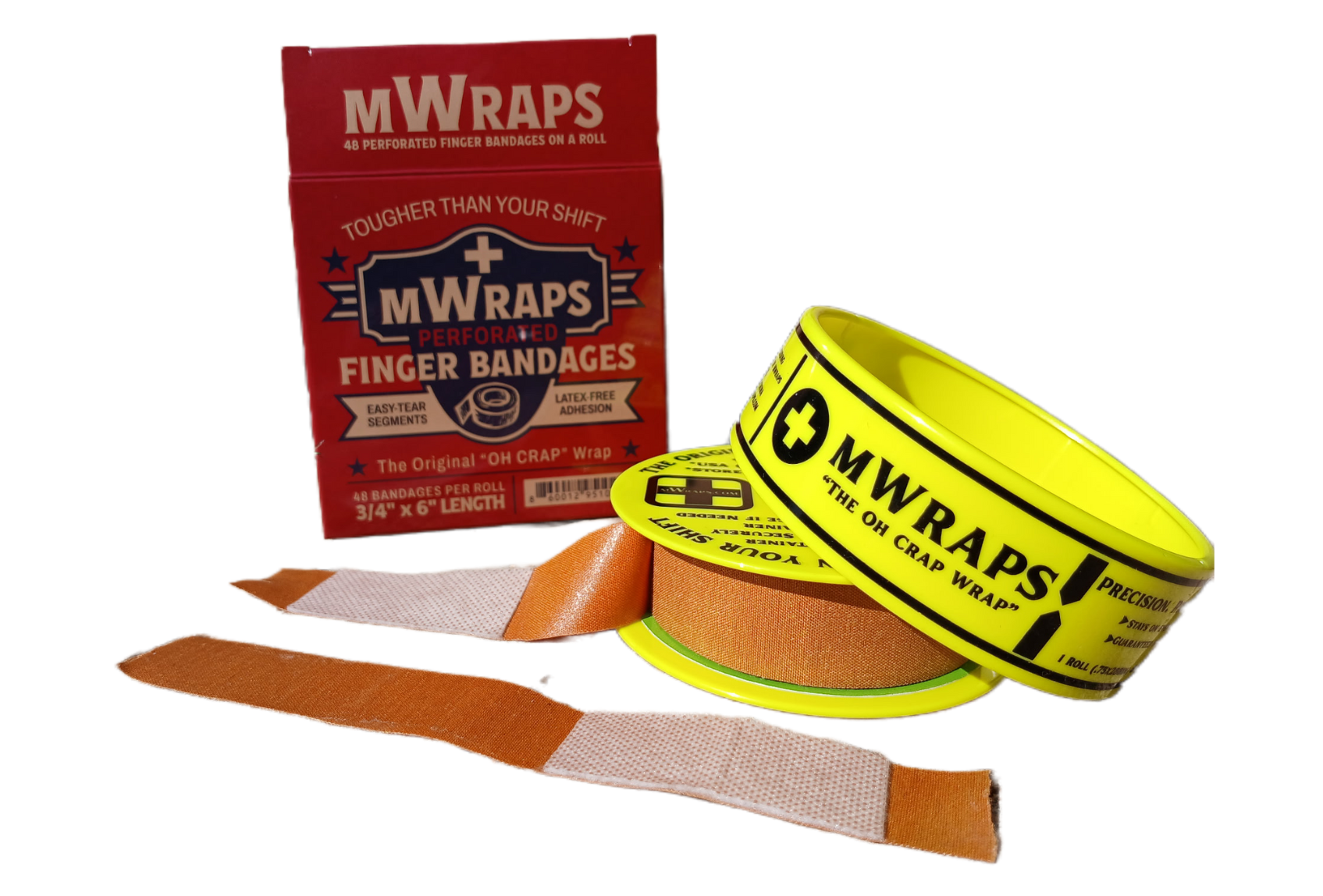 MWraps perforated finger bandages with roll, box, and individual wrap strips — durable latex-free adhesive.